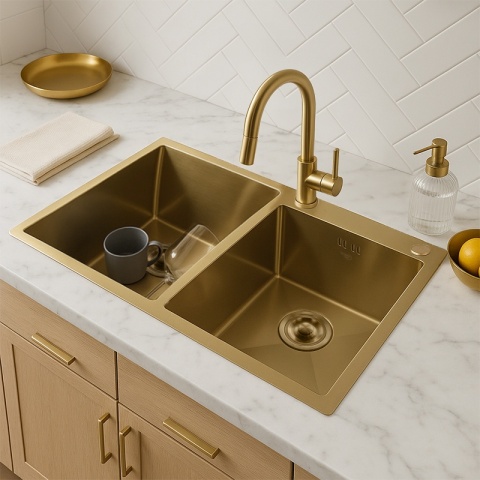 ZLEW KUCHENNY ZLEWOZMYWAK DWUKOMOROWY STALOWY ZŁOTY VISTA-GL-78X43 DOZOWNIK SYFON UCHWYTY