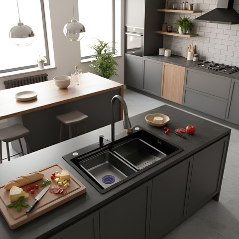 ZLEWOZMYWAK JEDNOKOMOROWY WIELOFUNKCYJNY ALFA 68X45 CZARNY ZLEW KUCHENNY