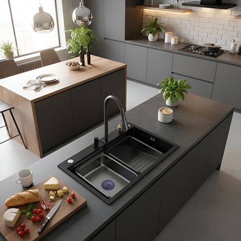 ZLEWOZMYWAK JEDNOKOMOROWY WIELOFUNKCYJNY ALFA 68X45 CZARNY ZLEW KUCHENNY