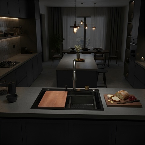 ZLEWOZMYWAK JEDNOKOMOROWY WIELOFUNKCYJNY ALFA 68X45 CZARNY ZLEW KUCHENNY