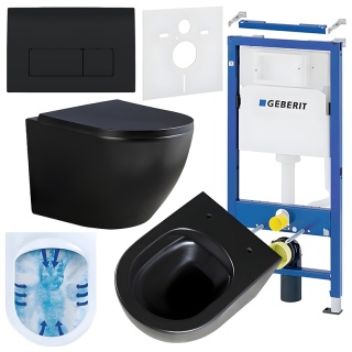 ZESTAW PODTYNKOWY WC STELAŻ GEBERIT DUOFIX MISKA PEAK-MTB-RIM-02 PRZYCISK DELTA 50 CZARNY POŁYSK