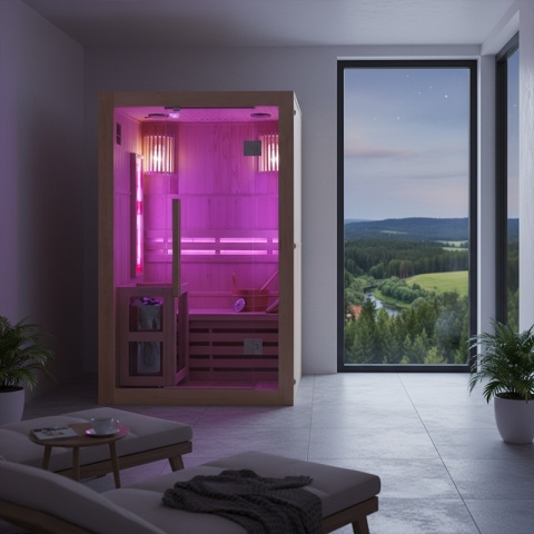 SAUNA FIŃSKA WYSOKOTEMPERATUROWA Z PIECEM KEMI1/HARVIA 3,5KW 1-2 OSOBOWA 120x105 CM