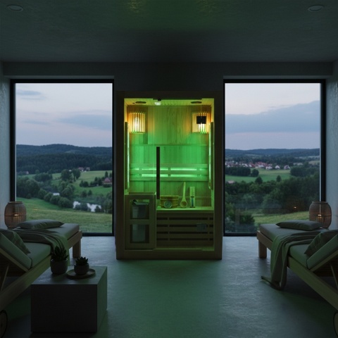 SAUNA FIŃSKA WYSOKOTEMPERATUROWA Z PIECEM KEMI1/HARVIA 3,5KW 1-2 OSOBOWA 120x105 CM