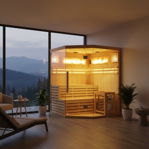 SAUNA FIŃSKA WYSOKOTEMPERATUROWA Z PIECEM KEMI4/HARVIA 6KW 4-5 OSOBOWA 150x150 CM