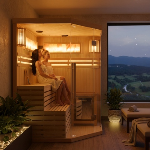 SAUNA FIŃSKA WYSOKOTEMPERATUROWA Z PIECEM KEMI4/HARVIA 6KW 4-5 OSOBOWA 150x150 CM