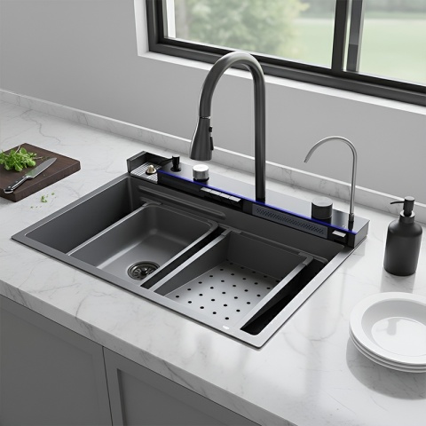 ZLEWOZMYWAK JEDNOKOMOROWY WIELOFUNKCYJNY ZES-TAURUS-75X45 SZARY ZLEW KUCHENNY