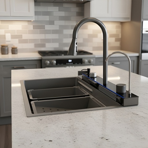 ZLEWOZMYWAK JEDNOKOMOROWY WIELOFUNKCYJNY ZES-TAURUS-75X45 SZARY ZLEW KUCHENNY