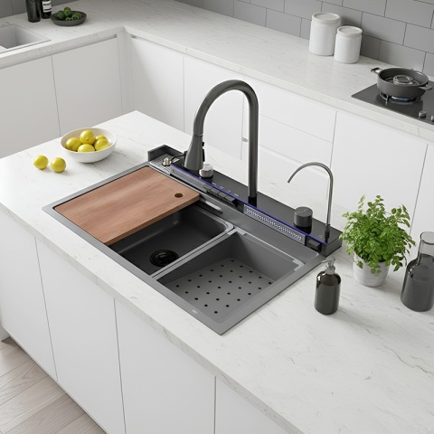 ZLEWOZMYWAK JEDNOKOMOROWY WIELOFUNKCYJNY ZES-TAURUS-75X45 SZARY ZLEW KUCHENNY