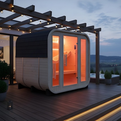 SAUNA OGRODOWA FIŃSKA BECZKA Z PIECEM MOLDE 2-4 OSOBOWA 180x200 CM