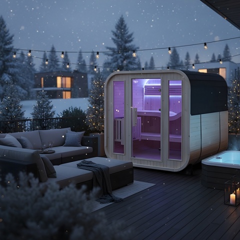 SAUNA OGRODOWA FIŃSKA BECZKA Z PIECEM MOLDE 2-4 OSOBOWA 180x200 CM