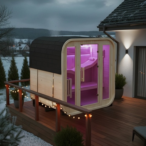 SAUNA OGRODOWA FIŃSKA BECZKA Z PIECEM MOLDE 2-4 OSOBOWA 180x200 CM