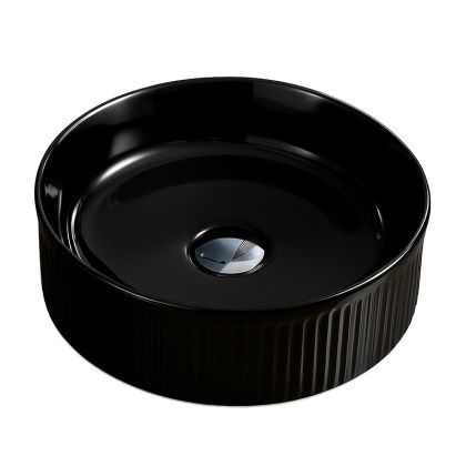 UMYWALKA NABLATOWA CERAMICZNA OKRĄGŁA LAVA-BL-RF-370 CZARNA RYFLOWANA 37x13 CM