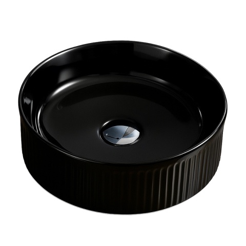 UMYWALKA NABLATOWA CERAMICZNA OKRĄGŁA LAVA-BL-RF-370 CZARNA RYFLOWANA 37x13 CM