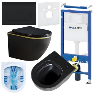 ZESTAW PODTYNKOWY WC STELAŻ GEBERIT DUOFIX MISKA PEAK-MTB-GL-RIM-03 PRZYCISK DELTA 50 CZARNY POŁYSK