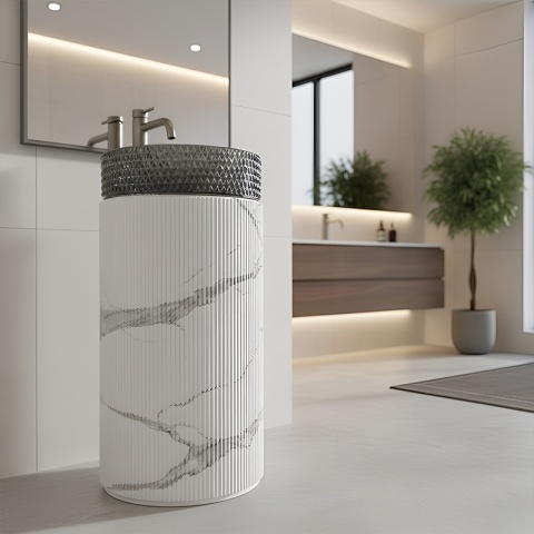 POSTUMENT PODSTAWA UMYWALKOWA CERAMICZNA MARMUROWA RYFLOWANA TOWER-MAR-730 BIAŁA