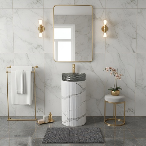 POSTUMENT PODSTAWA UMYWALKOWA CERAMICZNA MARMUROWA RYFLOWANA TOWER-MAR-730 BIAŁA