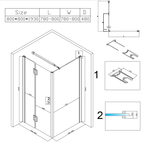 KABINA PRYSZNICOWA KWADRATOWA ZES-KZ1390A-80 CHROM 80x80 CM