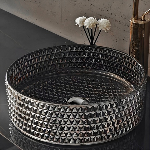 UMYWALKA NABLATOWA SZKLANA OKRĄGŁA FREZOWANA BRILLANT1-BL-PL-360 CZARNY PLATYNOWY POŁYSK 36x12 CM