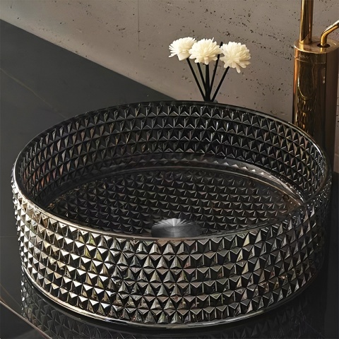 UMYWALKA NABLATOWA SZKLANA OKRĄGŁA FREZOWANA BRILLANT1-BL-PL-400 CZARNY PATYNOWY POŁYSK 40x12 CM