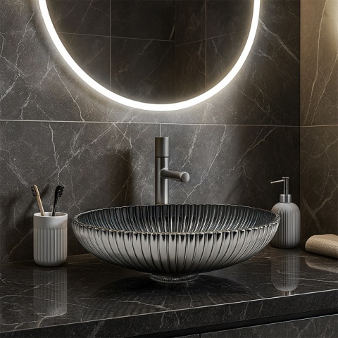 UMYWALKA NABLATOWA SZKLANA OWALNA RYFLOWANA BRILLANT3-BL-PL-510 CZARNY PLATYNOWY POŁYSK 51x35 CM