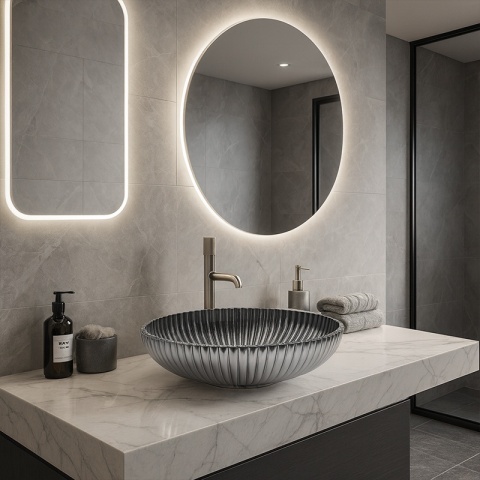 UMYWALKA NABLATOWA SZKLANA OWALNA RYFLOWANA BRILLANT3-BL-PL-510 CZARNY PLATYNOWY POŁYSK 51x35 CM