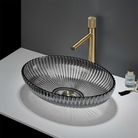 UMYWALKA NABLATOWA SZKLANA OWALNA RYFLOWANA BRILLANT3-BL-PL-510 CZARNY PLATYNOWY POŁYSK 51x35 CM