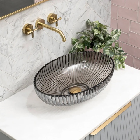 UMYWALKA NABLATOWA SZKLANA OWALNA RYFLOWANA BRILLANT3-BL-PL-510 CZARNY PLATYNOWY POŁYSK 51x35 CM