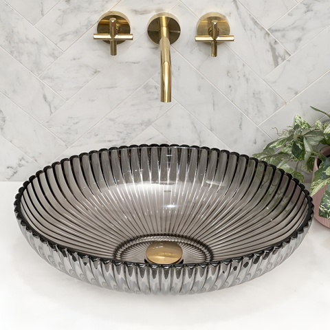 UMYWALKA NABLATOWA SZKLANA OWALNA RYFLOWANA BRILLANT3-BL-PL-510 CZARNY PLATYNOWY POŁYSK 51x35 CM