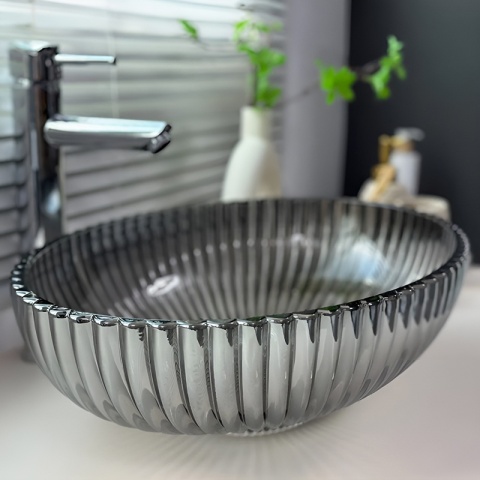 UMYWALKA NABLATOWA SZKLANA OWALNA RYFLOWANA BRILLANT3-BL-PL-510 CZARNY PLATYNOWY POŁYSK 51x35 CM