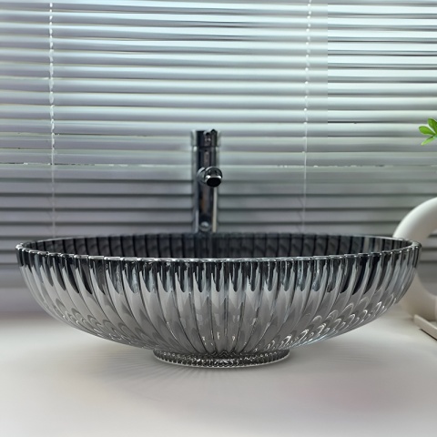 UMYWALKA NABLATOWA SZKLANA OWALNA RYFLOWANA BRILLANT3-BL-PL-510 CZARNY PLATYNOWY POŁYSK 51x35 CM