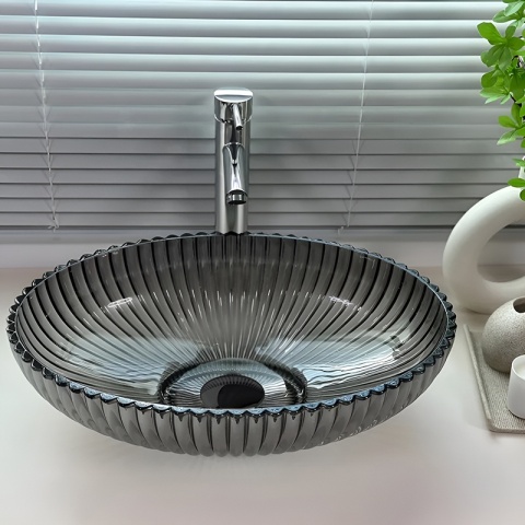 UMYWALKA NABLATOWA SZKLANA OWALNA RYFLOWANA BRILLANT3-BL-PL-510 CZARNY PLATYNOWY POŁYSK 51x35 CM