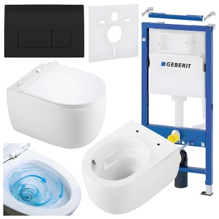 ZESTAW PODTYNKOWY WC STELAŻ GEBERIT DUOFIX MISKA LAKE-WH-TR-01 PRZYCISK DELTA 50 CZARNY POŁYSK