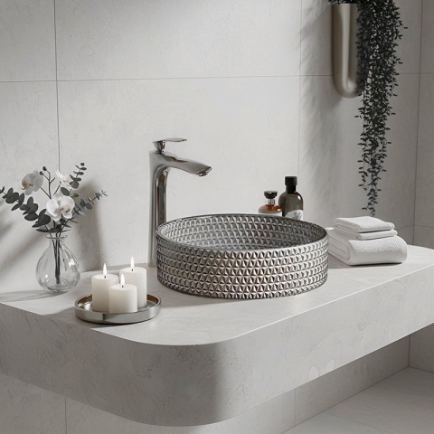 UMYWALKA NABLATOWA SZKLANA OKRĄGŁA FREZOWANA BRILLANT1-SV-360 SREBRNY MAT 36x12 CM