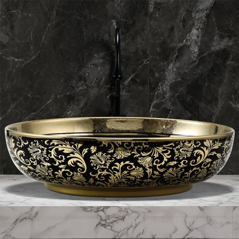 UMYWALKA NABLATOWA CERAMICZNA OWALNA KINI-BL-MOD6-500 CZARNY ZŁOTY POŁYSK 50x37 CM