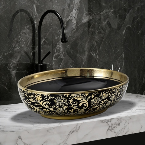 UMYWALKA NABLATOWA CERAMICZNA OWALNA KINI-BL-MOD6-500 CZARNY ZŁOTY POŁYSK 50x37 CM