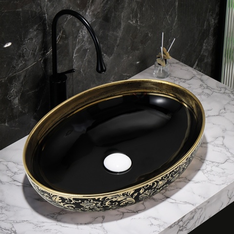 UMYWALKA NABLATOWA CERAMICZNA OWALNA KINI-BL-MOD6-500 CZARNY ZŁOTY POŁYSK 50x37 CM