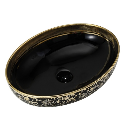 UMYWALKA NABLATOWA CERAMICZNA OWALNA KINI-BL-MOD6-500 CZARNY ZŁOTY POŁYSK 50x37 CM