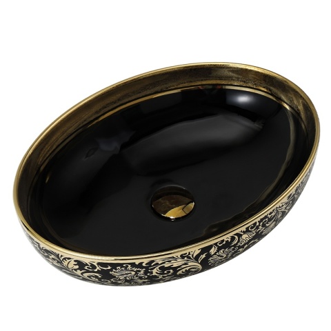 UMYWALKA NABLATOWA CERAMICZNA OWALNA KINI-BL-MOD6-500 CZARNY ZŁOTY POŁYSK 50x37 CM