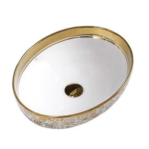 UMYWALKA NABLATOWA CERAMICZNA OWALNA KINI-WH-MOD6-500 BIAŁA ZŁOTA 50x37 CM