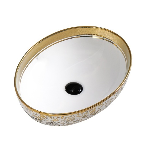 UMYWALKA NABLATOWA CERAMICZNA OWALNA KINI-WH-MOD6-500 BIAŁA ZŁOTA 50x37 CM