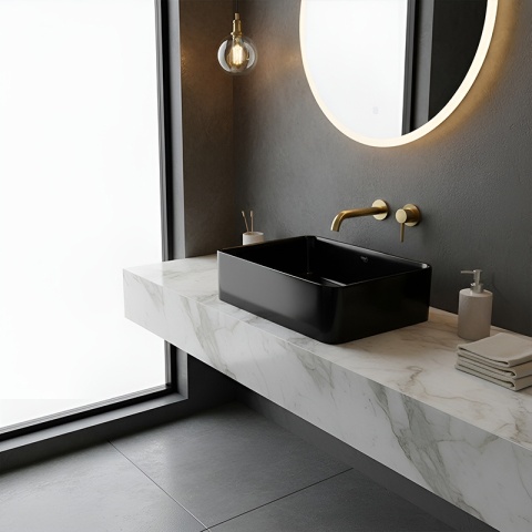 UMYWALKA NABLATOWA CERAMICZNA PROSTOKĄTNA LUXO-BL-410 CZARNY POŁYSK 41x31 CM