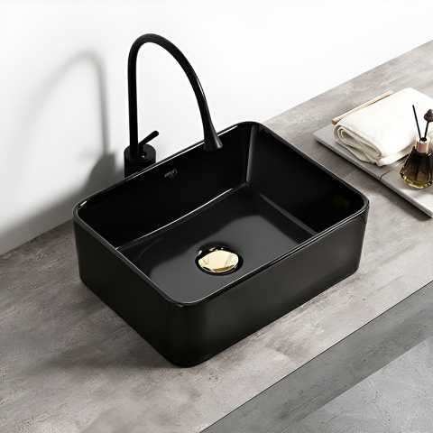 UMYWALKA NABLATOWA CERAMICZNA PROSTOKĄTNA LUXO-BL-410 CZARNY POŁYSK 41x31 CM