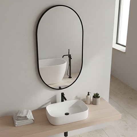 LUSTRO ŁAZIENKOWE OWALNE ŚCIENNE LOFT CZARNE ALUMINIOWA RAMA FIONA 50X100 CM