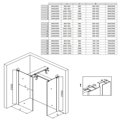 ŚCIANKA SZYBA PRYSZNICOWA SH07-DUO-90X90 WALK-IN 90X90 CM CHROM