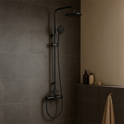 BATERIA PRYSZNICOWA ŁAZIENKOWA ŚCIENNA ZESTAW Z DESZCZOWNICĄ MILTON CZARNA