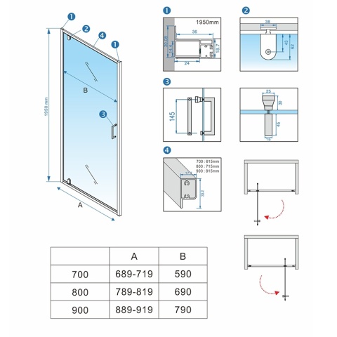DRZWI PRYSZNICOWE UCHYLNE DO WNĘKI ZES-KZ18C-90 CHROM 90 CM 6 MM