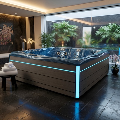 JACUZZI OGRODOWE WANNA SPA748 NIEBIESKA FALA OCEANU OBUDOWA SZARA DESKA F24 230x230 CM