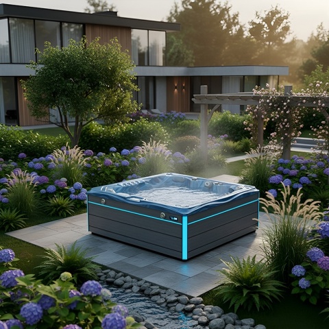 JACUZZI OGRODOWE WANNA SPA748 NIEBIESKA FALA OCEANU OBUDOWA SZARA DESKA F24 230x230 CM