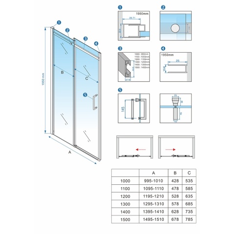 DRZWI PRYSZNICOWE PRZESUWNE DO WNĘKI ZES-KZ09A-100 CHROM 95-100 CM 8 MM
