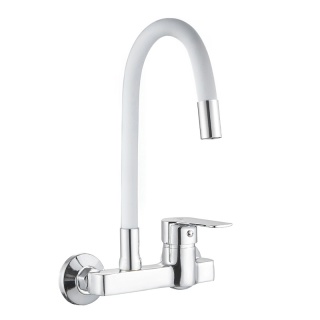 BATERIA KUCHENNA ŚCIENNA KRAN LARGO GIĘTKA BIAŁA WYLEWKA PODSTAWA CHROM